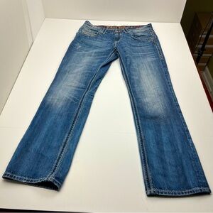 Rock Revival Helmut Straight Mens Size 33 Blue Denim Jean‎ Brushed Stripes Biker